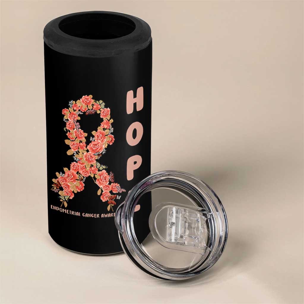 Endometrial Cancer Floral Ribbon 4 in 1 Can Cooler Tumbler Hope Peach Ribbon Warrior