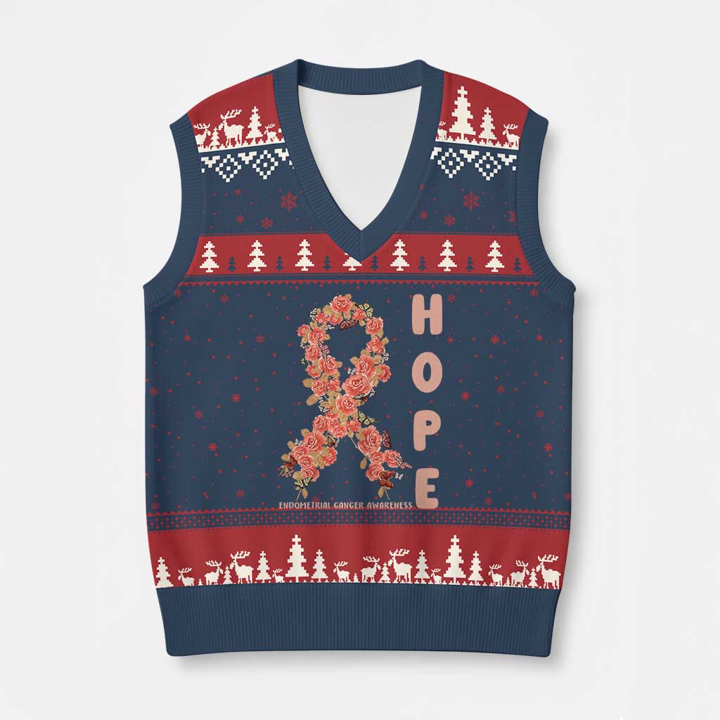 Endometrial Cancer Floral Ribbon V-Neck Knit Sweater Vest Hope Peach Ribbon Warrior