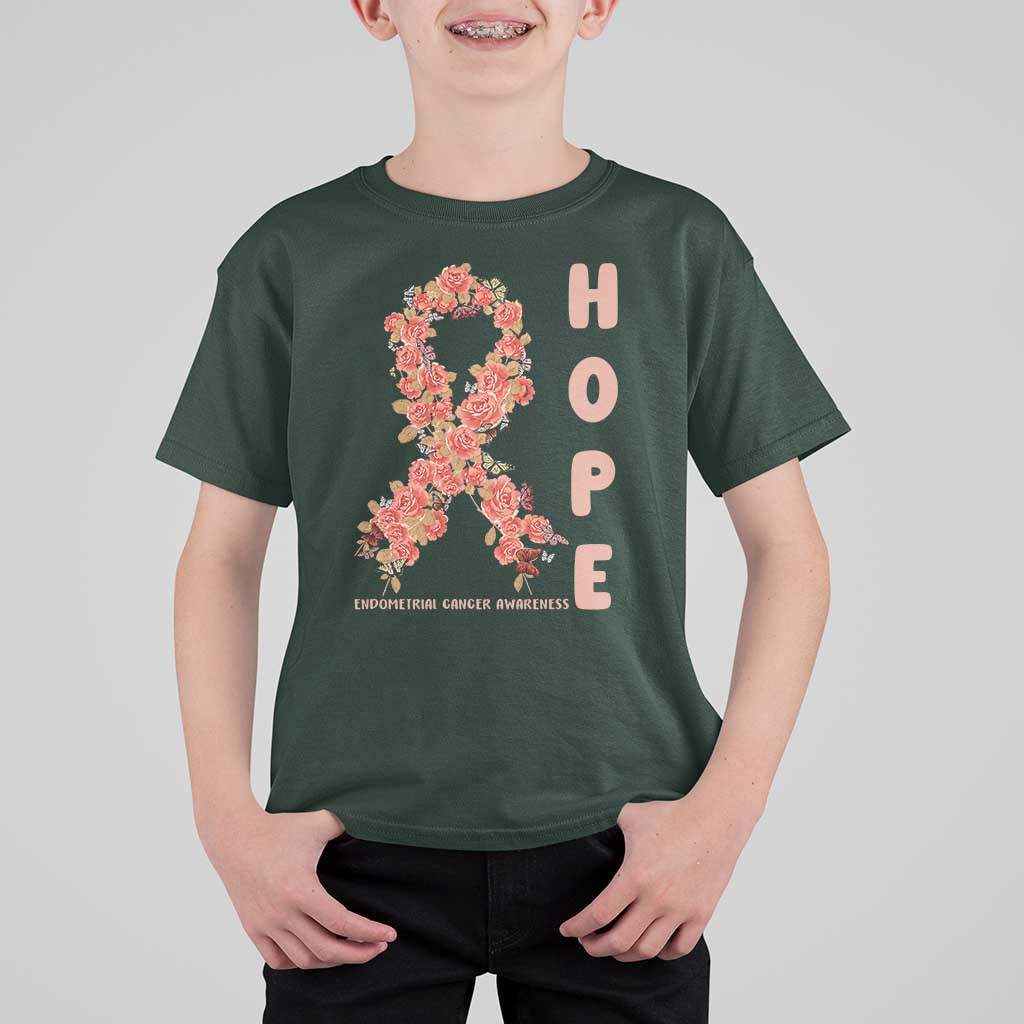Endometrial Cancer Floral Ribbon T Shirt For Kid Hope Peach Ribbon Warrior