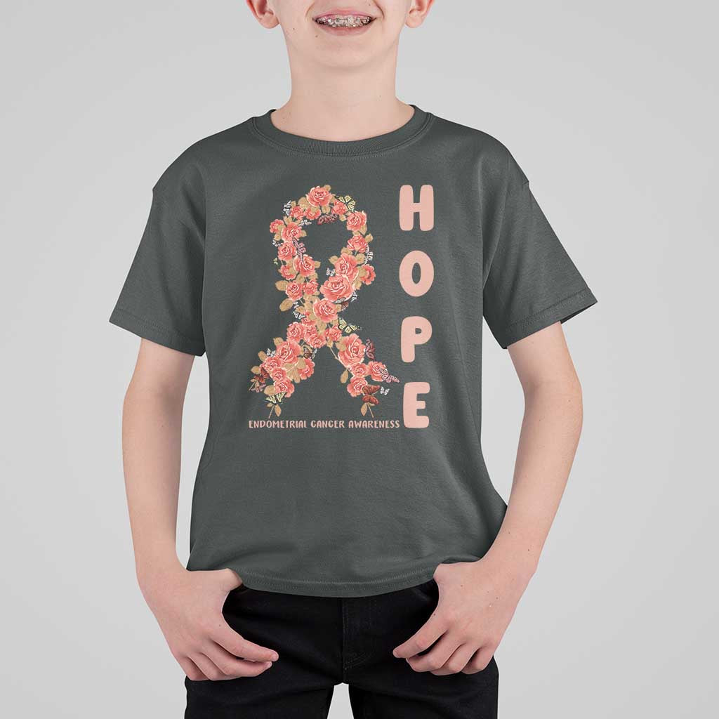 Endometrial Cancer Floral Ribbon T Shirt For Kid Hope Peach Ribbon Warrior