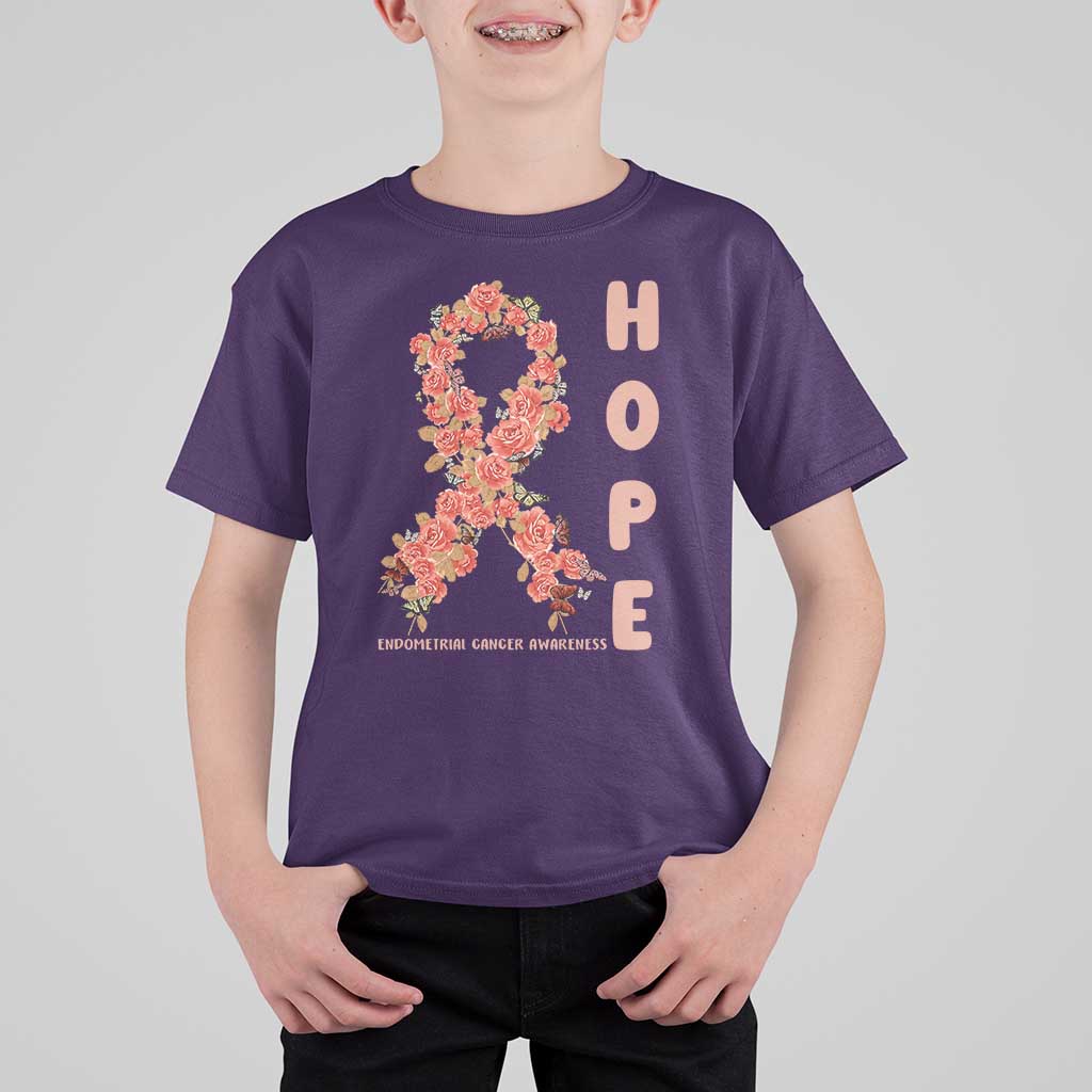 Endometrial Cancer Floral Ribbon T Shirt For Kid Hope Peach Ribbon Warrior