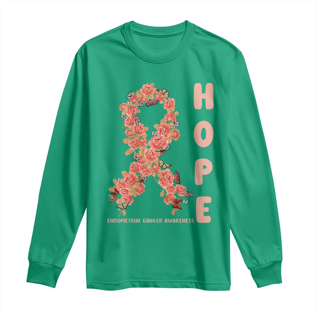 Endometrial Cancer Floral Ribbon Long Sleeve Shirt Hope Peach Ribbon Warrior