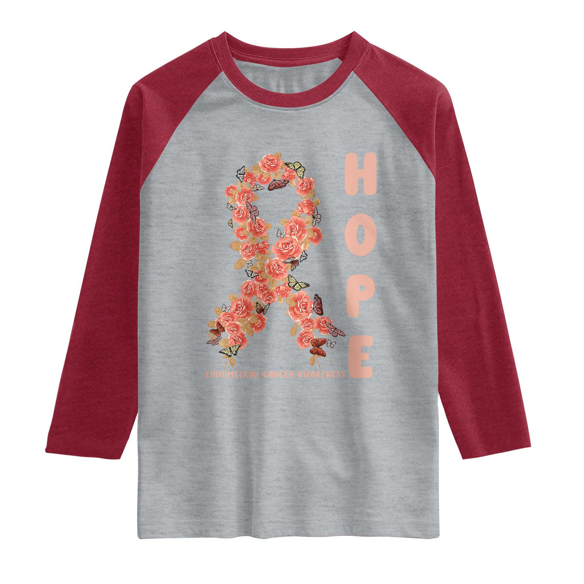 Endometrial Cancer Floral Ribbon Raglan Shirt Hope Peach Ribbon Warrior