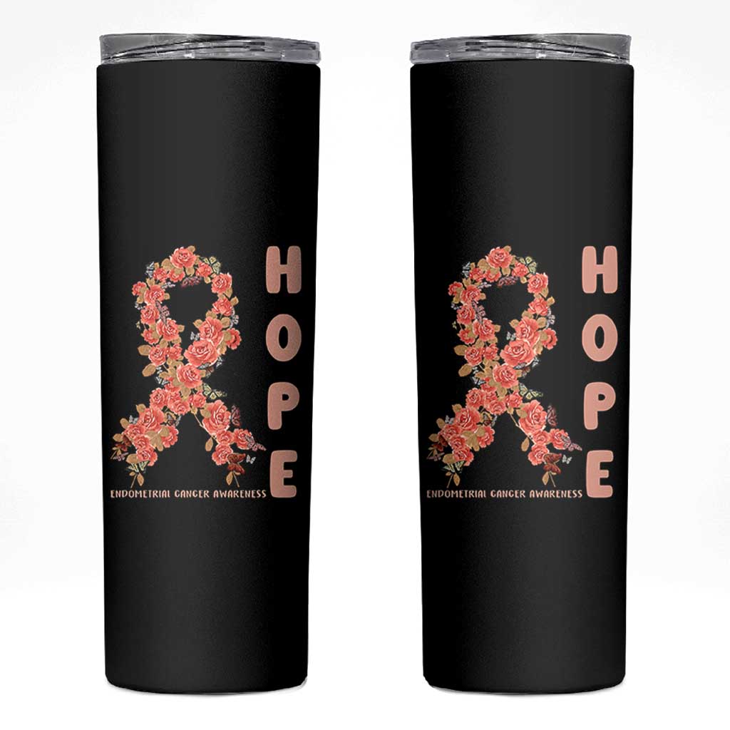 Endometrial Cancer Floral Ribbon Skinny Tumbler Hope Peach Ribbon Warrior