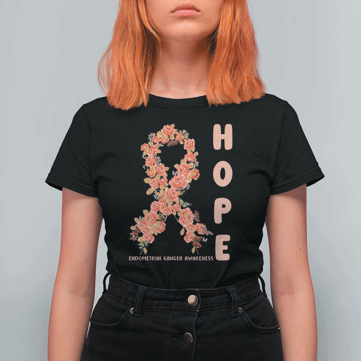 Endometrial Cancer Floral Ribbon T Shirt For Women Hope Peach Ribbon Warrior