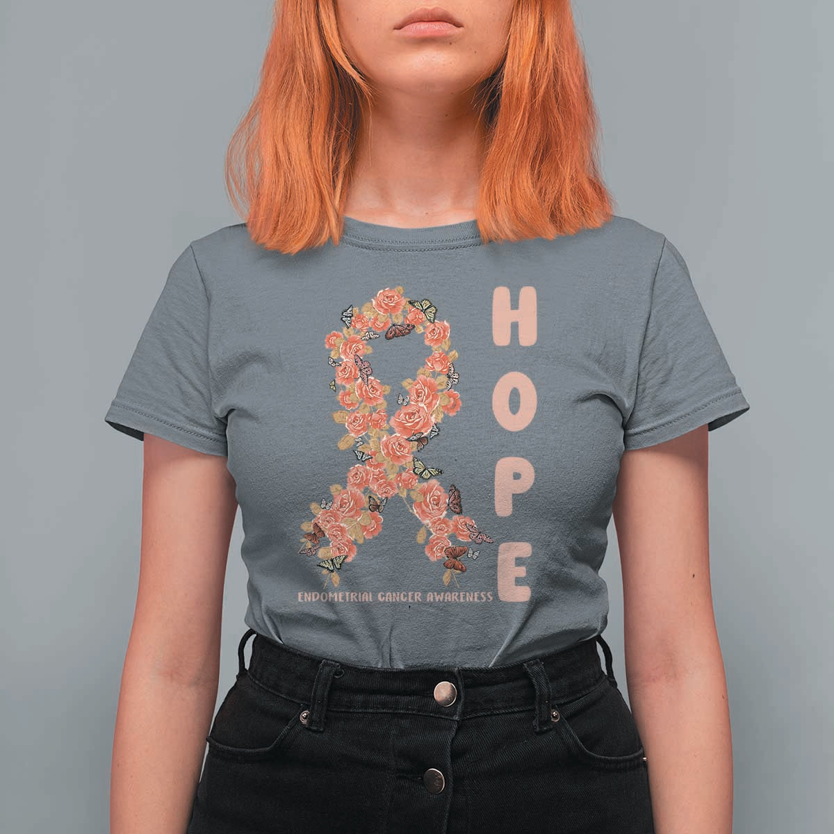 Endometrial Cancer Floral Ribbon T Shirt For Women Hope Peach Ribbon Warrior