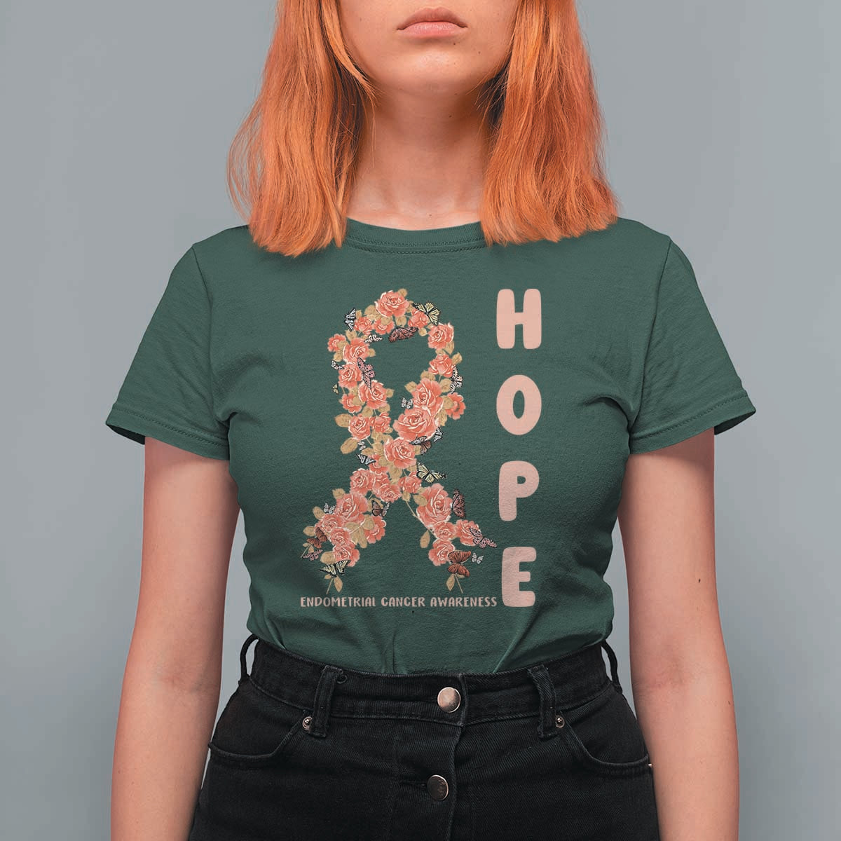 Endometrial Cancer Floral Ribbon T Shirt For Women Hope Peach Ribbon Warrior