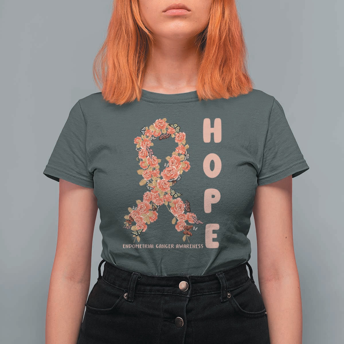 Endometrial Cancer Floral Ribbon T Shirt For Women Hope Peach Ribbon Warrior