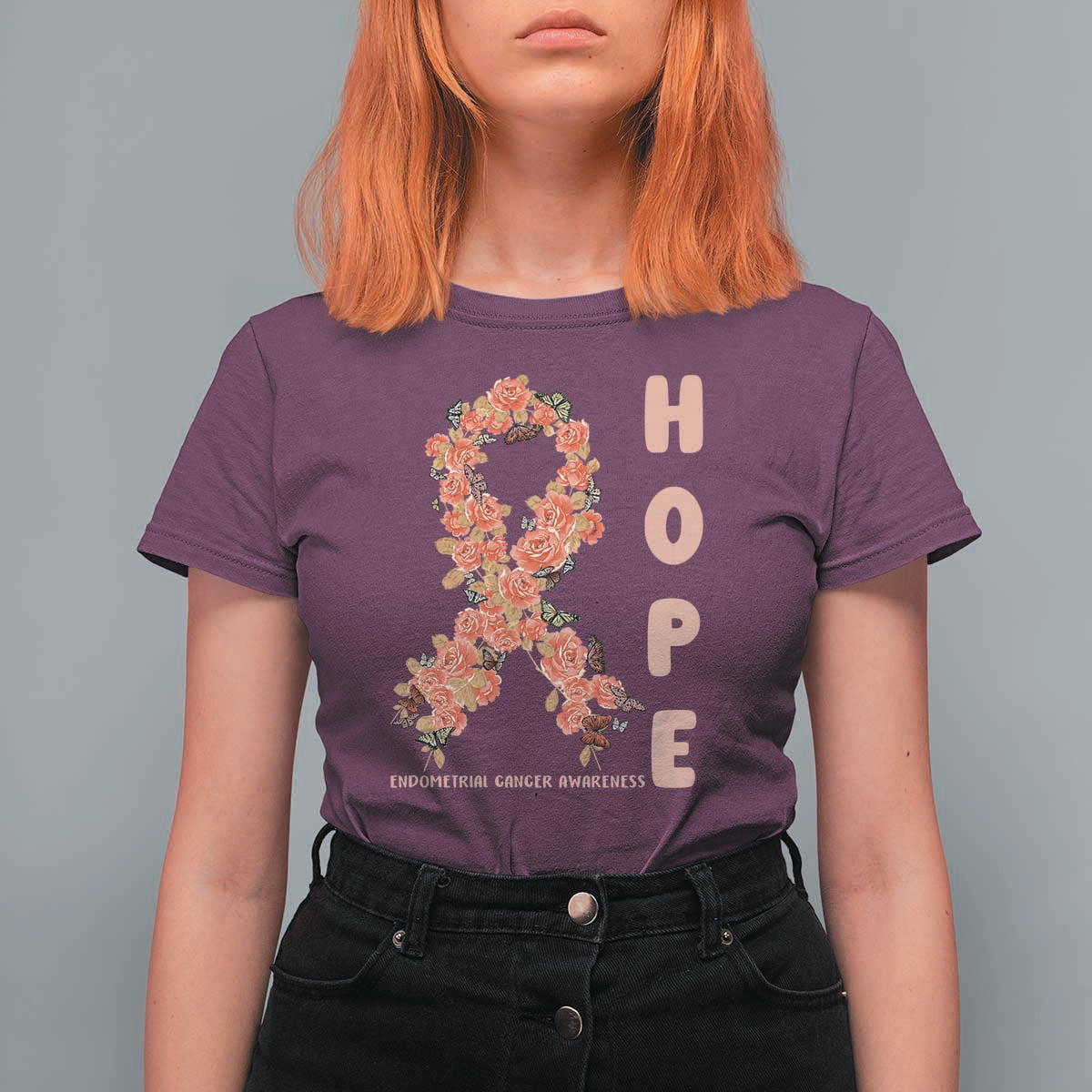Endometrial Cancer Floral Ribbon T Shirt For Women Hope Peach Ribbon Warrior