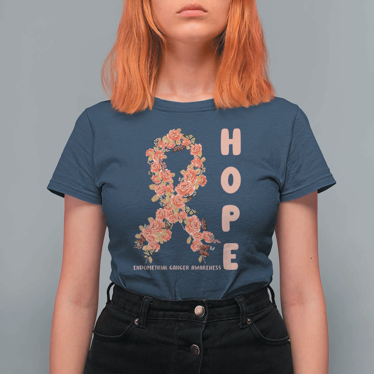 Endometrial Cancer Floral Ribbon T Shirt For Women Hope Peach Ribbon Warrior