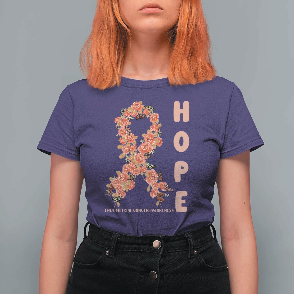 Endometrial Cancer Floral Ribbon T Shirt For Women Hope Peach Ribbon Warrior