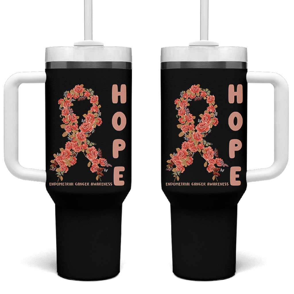 Endometrial Cancer Floral Ribbon Tumbler With Handle Hope Peach Ribbon Warrior