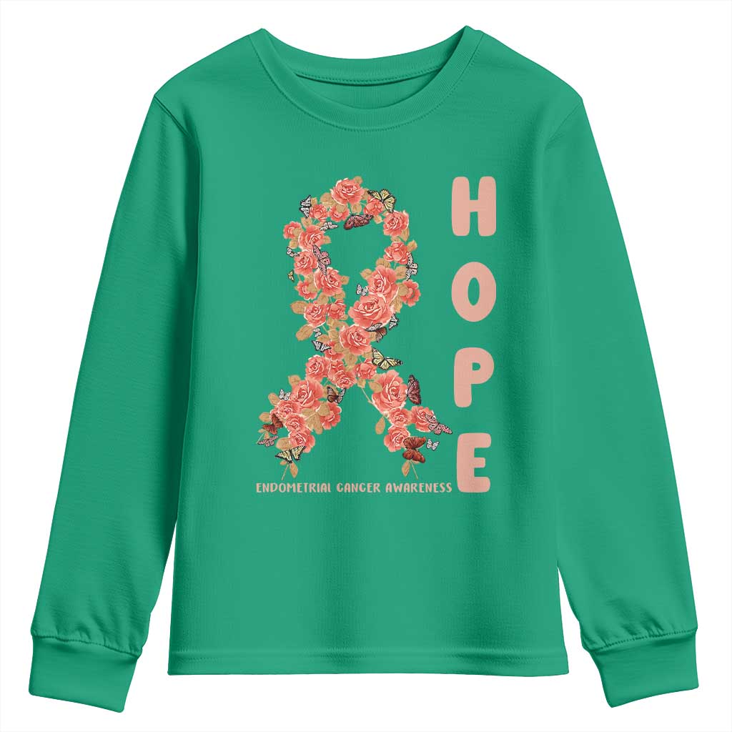 Endometrial Cancer Floral Ribbon Youth Sweatshirt Hope Peach Ribbon Warrior
