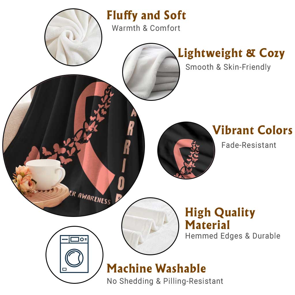 Endometrial Cancer Warrior Fighter Butterfly Throw Blanket Peach Ribbon Hope