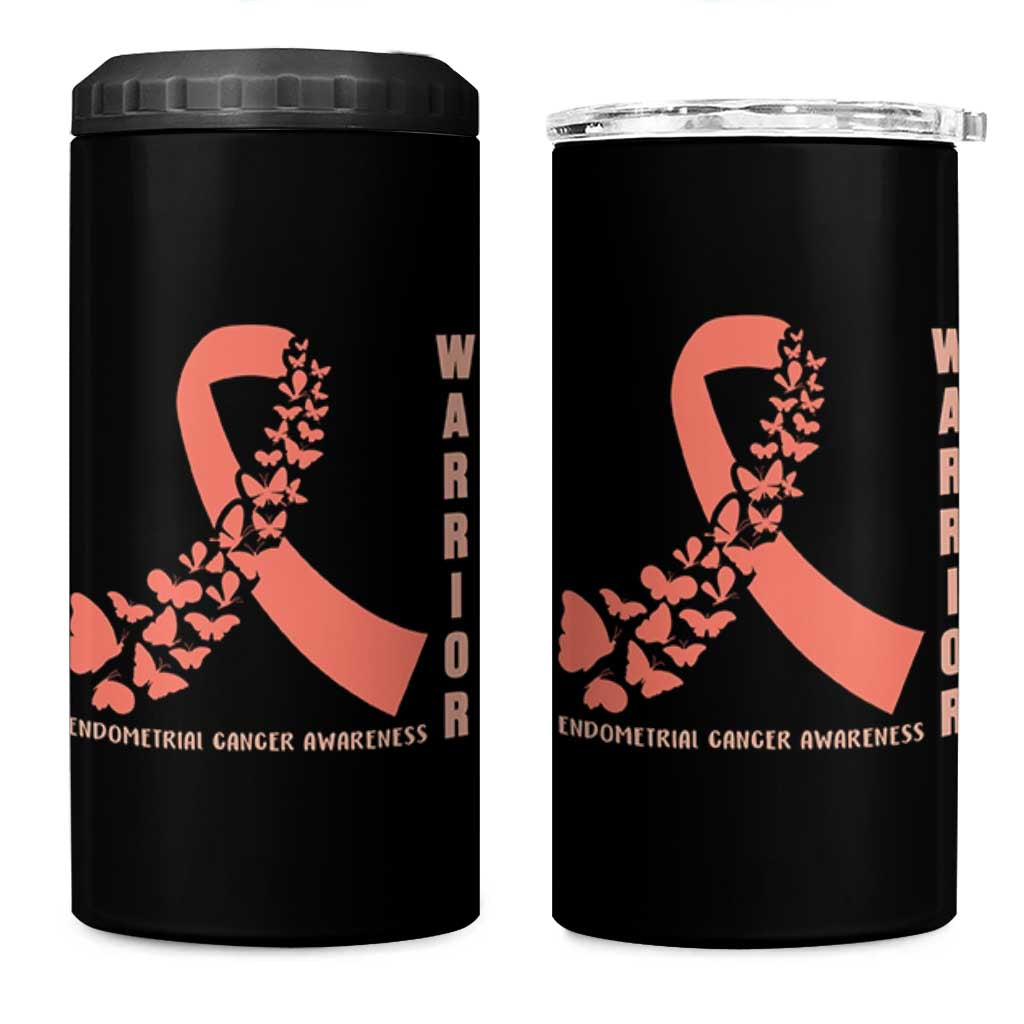 Endometrial Cancer Warrior Fighter Butterfly 4 in 1 Can Cooler Tumbler Peach Ribbon Hope