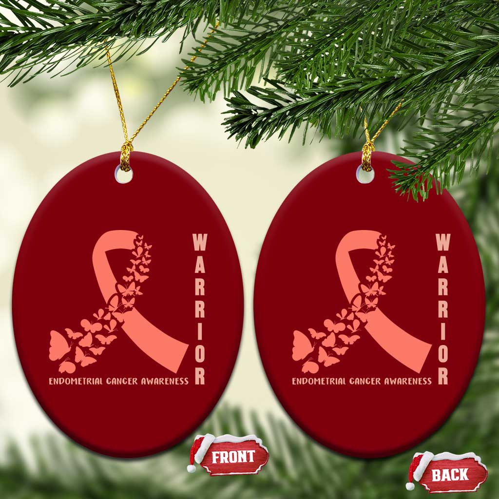 Endometrial Cancer Warrior Fighter Butterfly Ceramic Ornament Peach Ribbon Hope