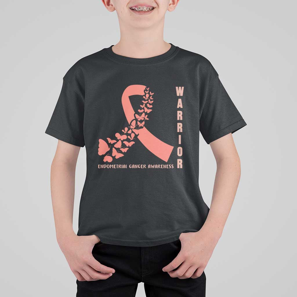 Endometrial Cancer Warrior Fighter Butterfly T Shirt For Kid Peach Ribbon Hope
