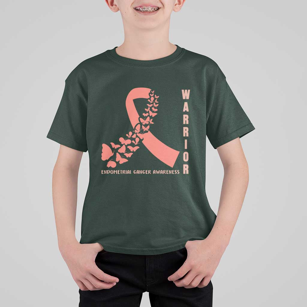 Endometrial Cancer Warrior Fighter Butterfly T Shirt For Kid Peach Ribbon Hope