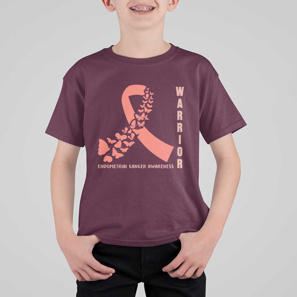 Endometrial Cancer Warrior Fighter Butterfly T Shirt For Kid Peach Ribbon Hope