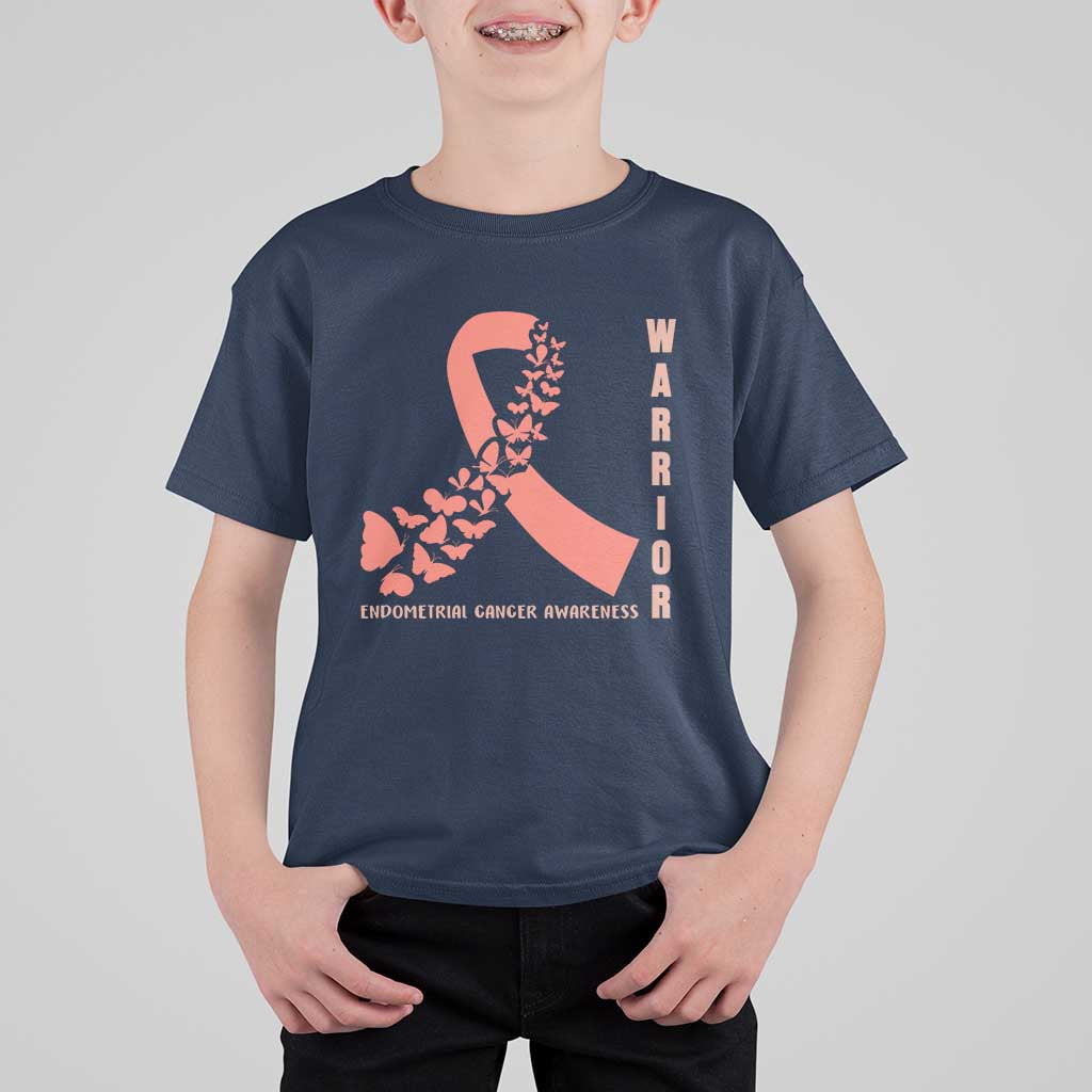 Endometrial Cancer Warrior Fighter Butterfly T Shirt For Kid Peach Ribbon Hope