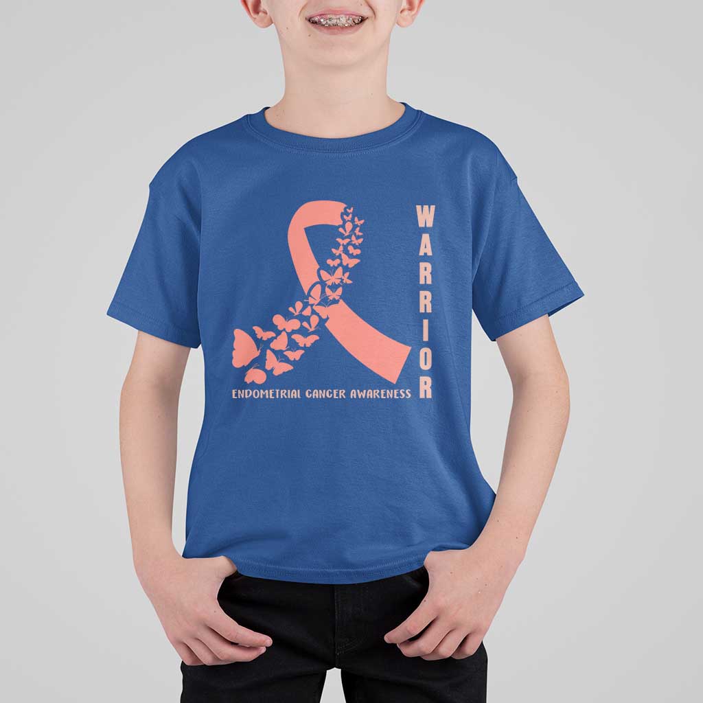 Endometrial Cancer Warrior Fighter Butterfly T Shirt For Kid Peach Ribbon Hope