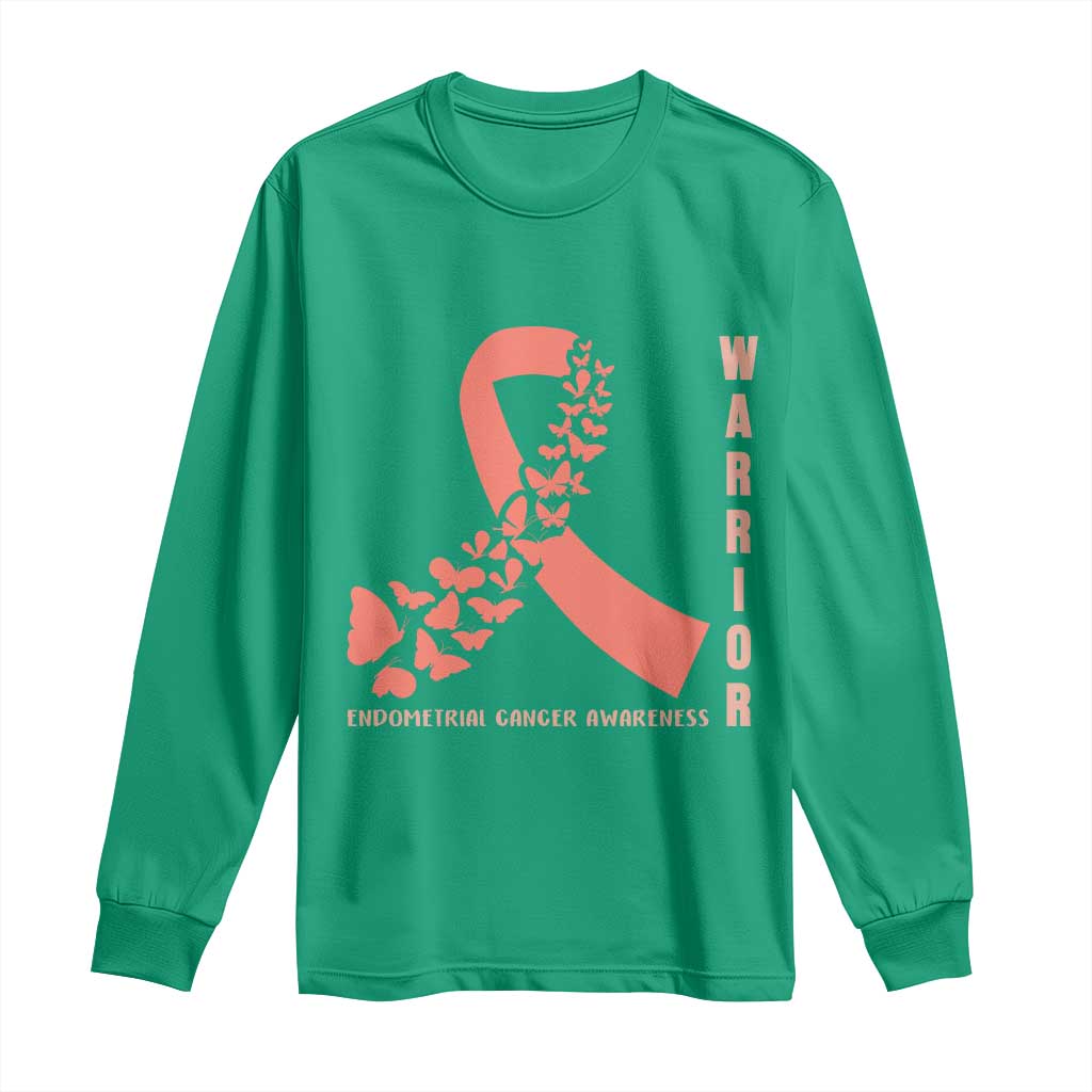 Endometrial Cancer Warrior Fighter Butterfly Long Sleeve Shirt Peach Ribbon Hope