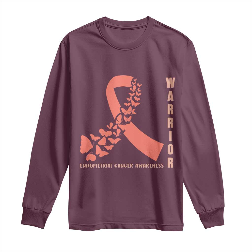 Endometrial Cancer Warrior Fighter Butterfly Long Sleeve Shirt Peach Ribbon Hope