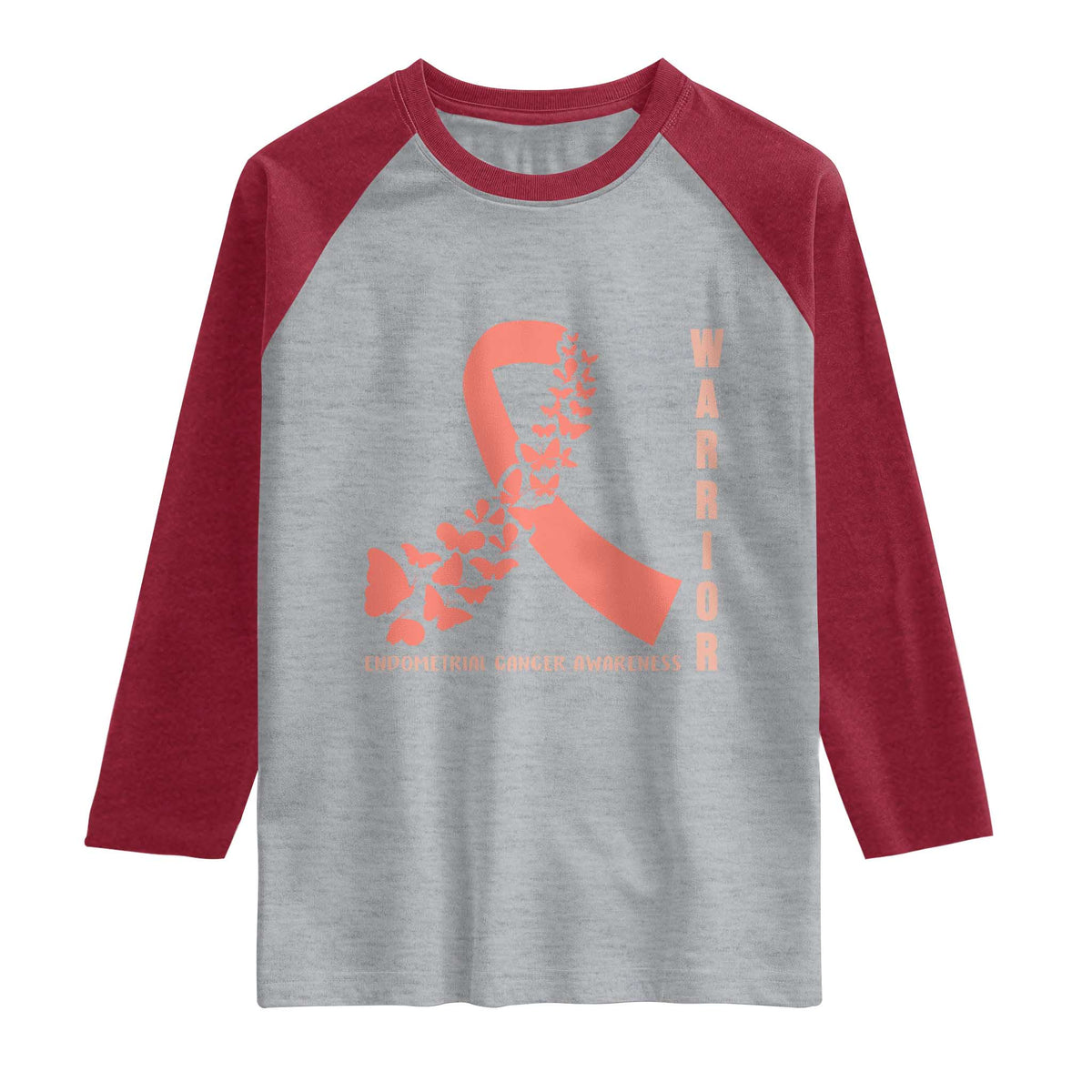 Endometrial Cancer Warrior Fighter Butterfly Raglan Shirt Peach Ribbon Hope