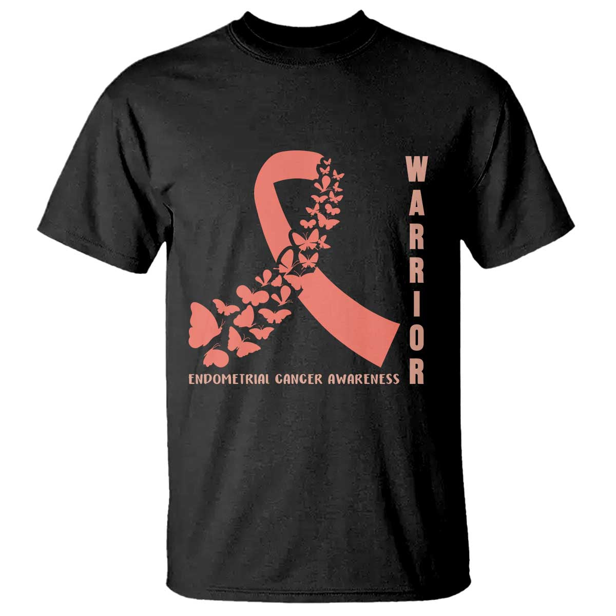 Endometrial Cancer Warrior Fighter Butterfly T Shirt Peach Ribbon Hope