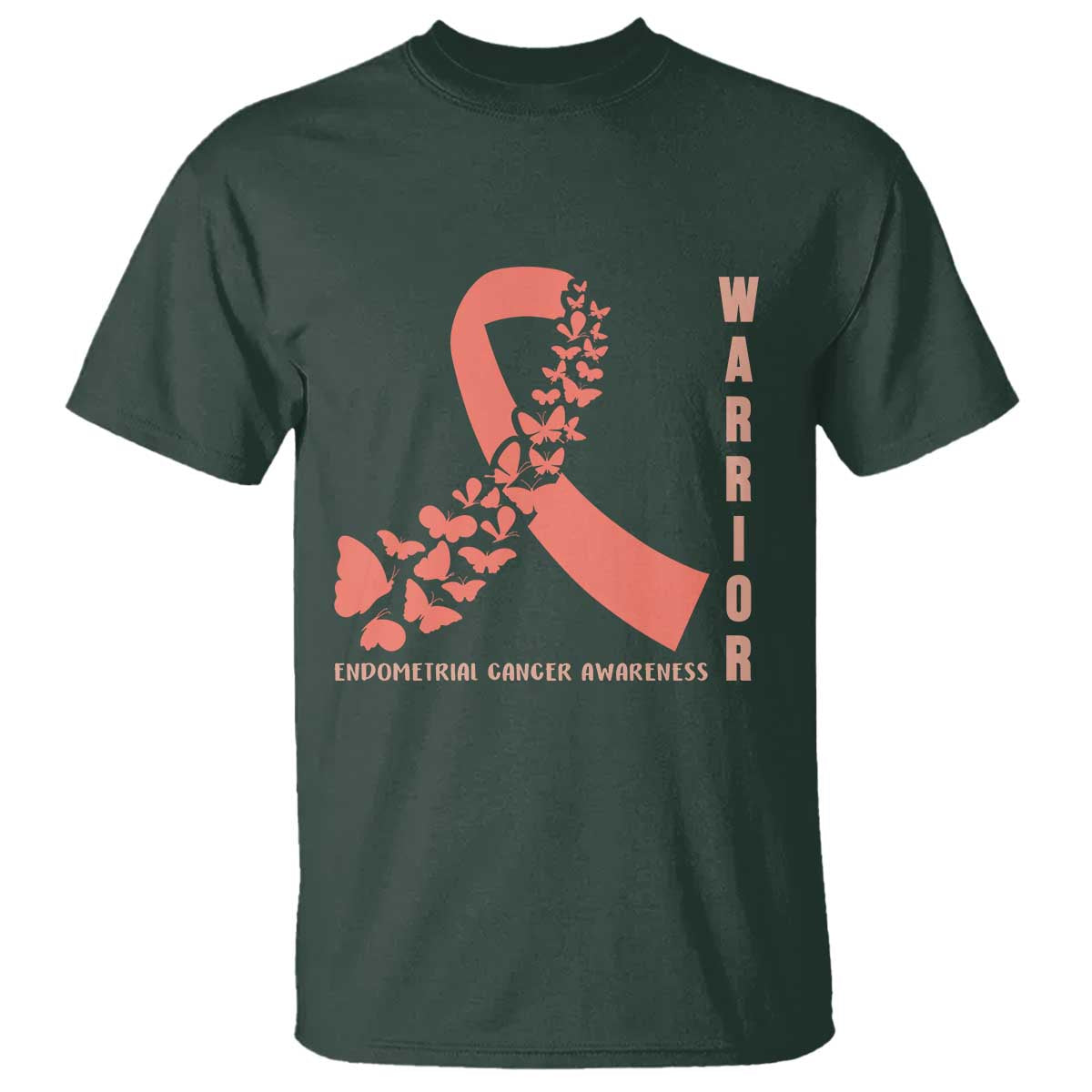 Endometrial Cancer Warrior Fighter Butterfly T Shirt Peach Ribbon Hope