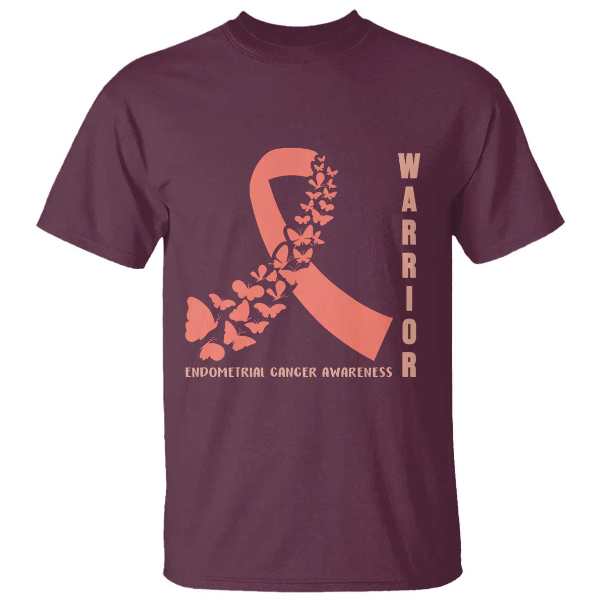 Endometrial Cancer Warrior Fighter Butterfly T Shirt Peach Ribbon Hope