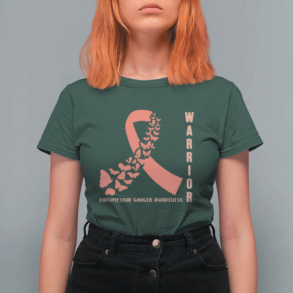 Endometrial Cancer Warrior Fighter Butterfly T Shirt For Women Peach Ribbon Hope