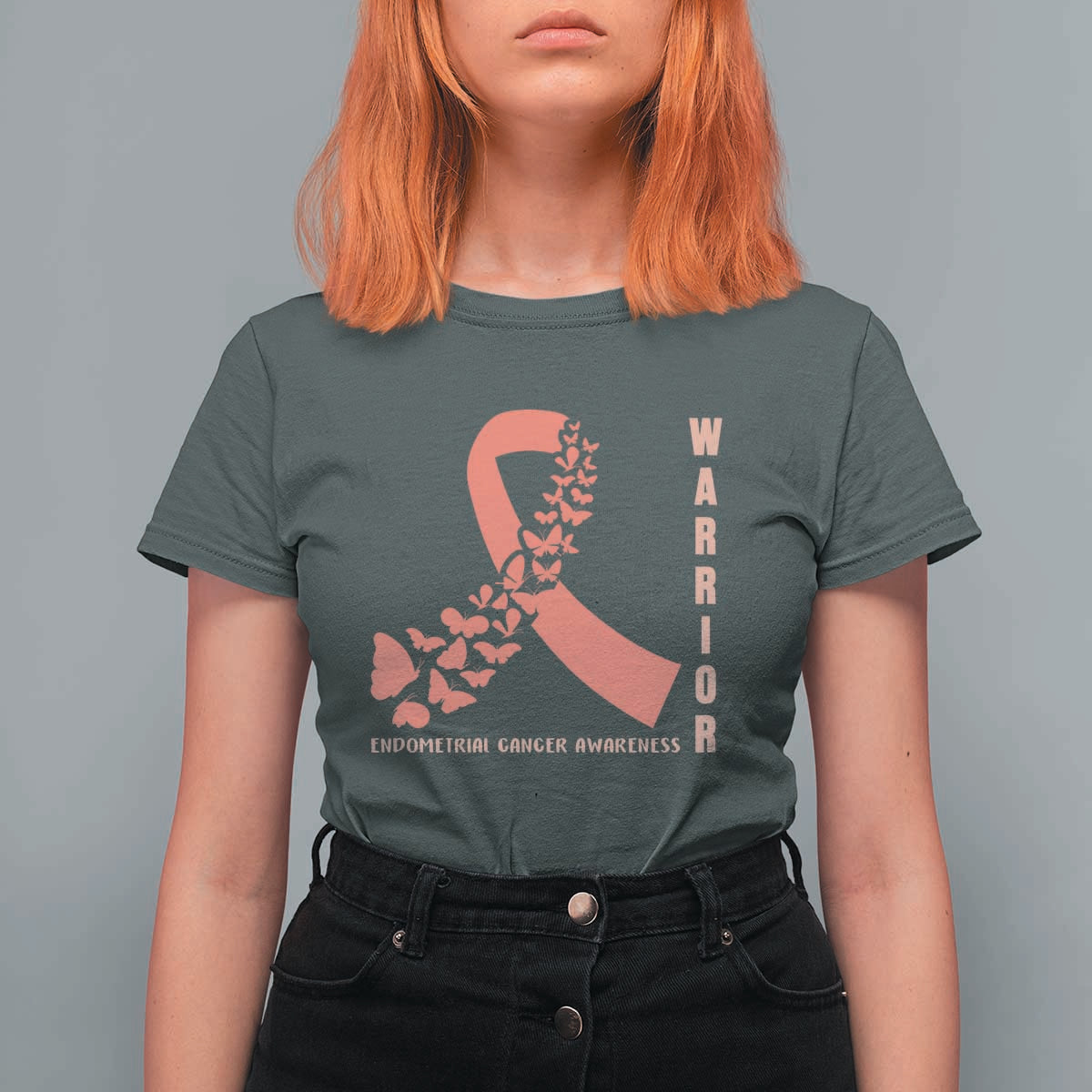 Endometrial Cancer Warrior Fighter Butterfly T Shirt For Women Peach Ribbon Hope