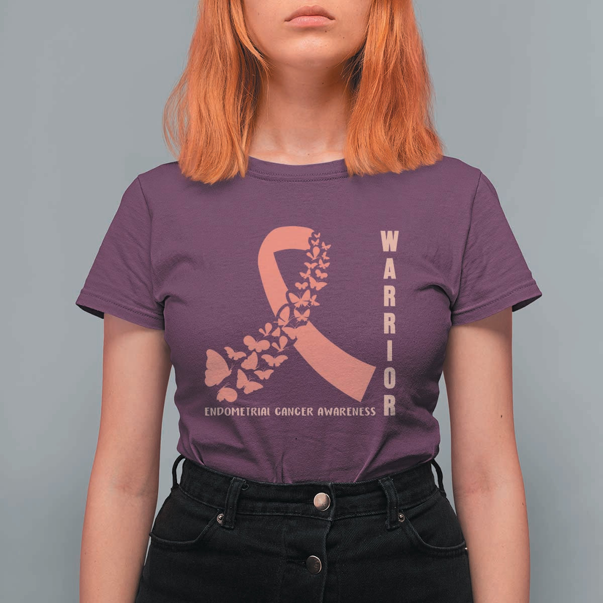 Endometrial Cancer Warrior Fighter Butterfly T Shirt For Women Peach Ribbon Hope