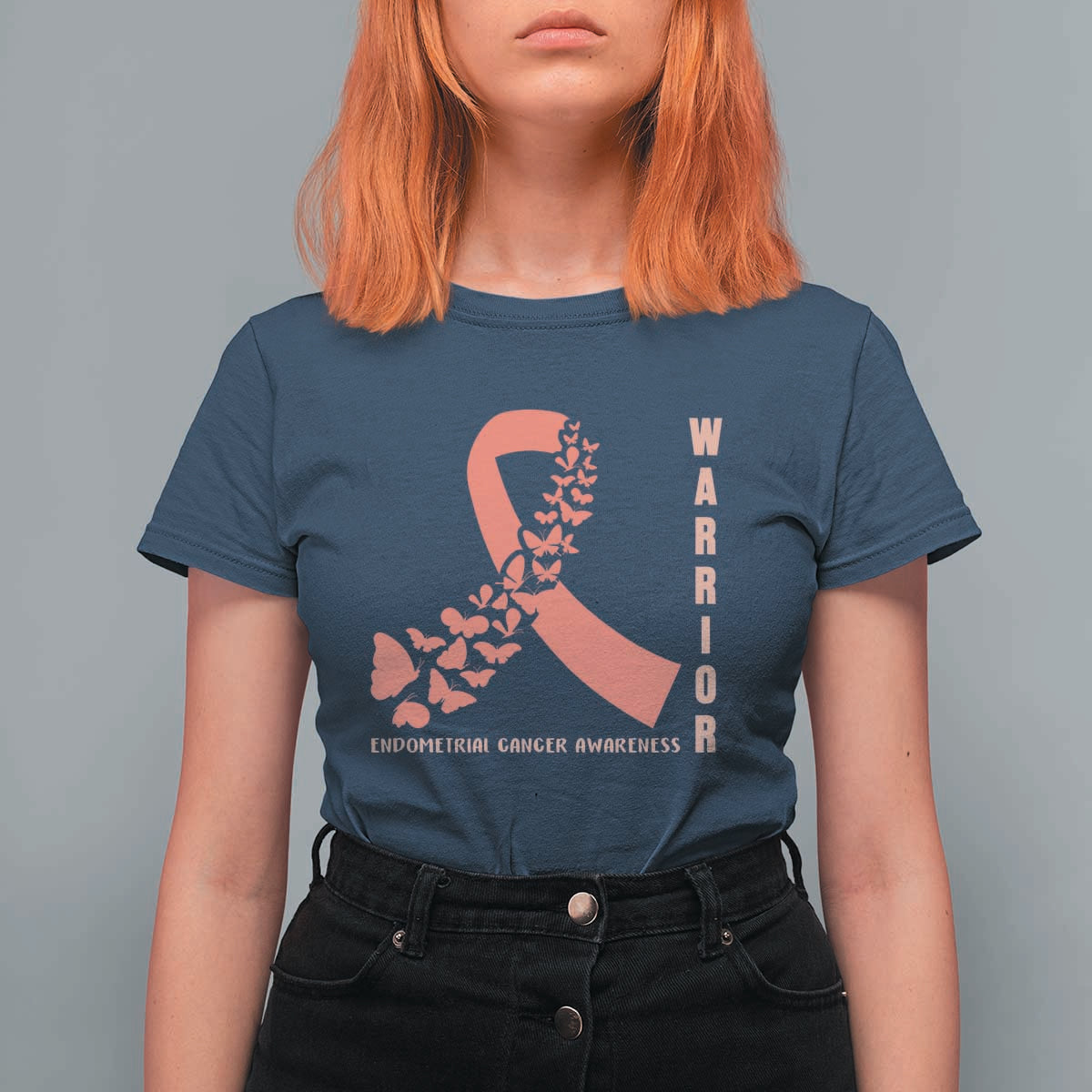 Endometrial Cancer Warrior Fighter Butterfly T Shirt For Women Peach Ribbon Hope