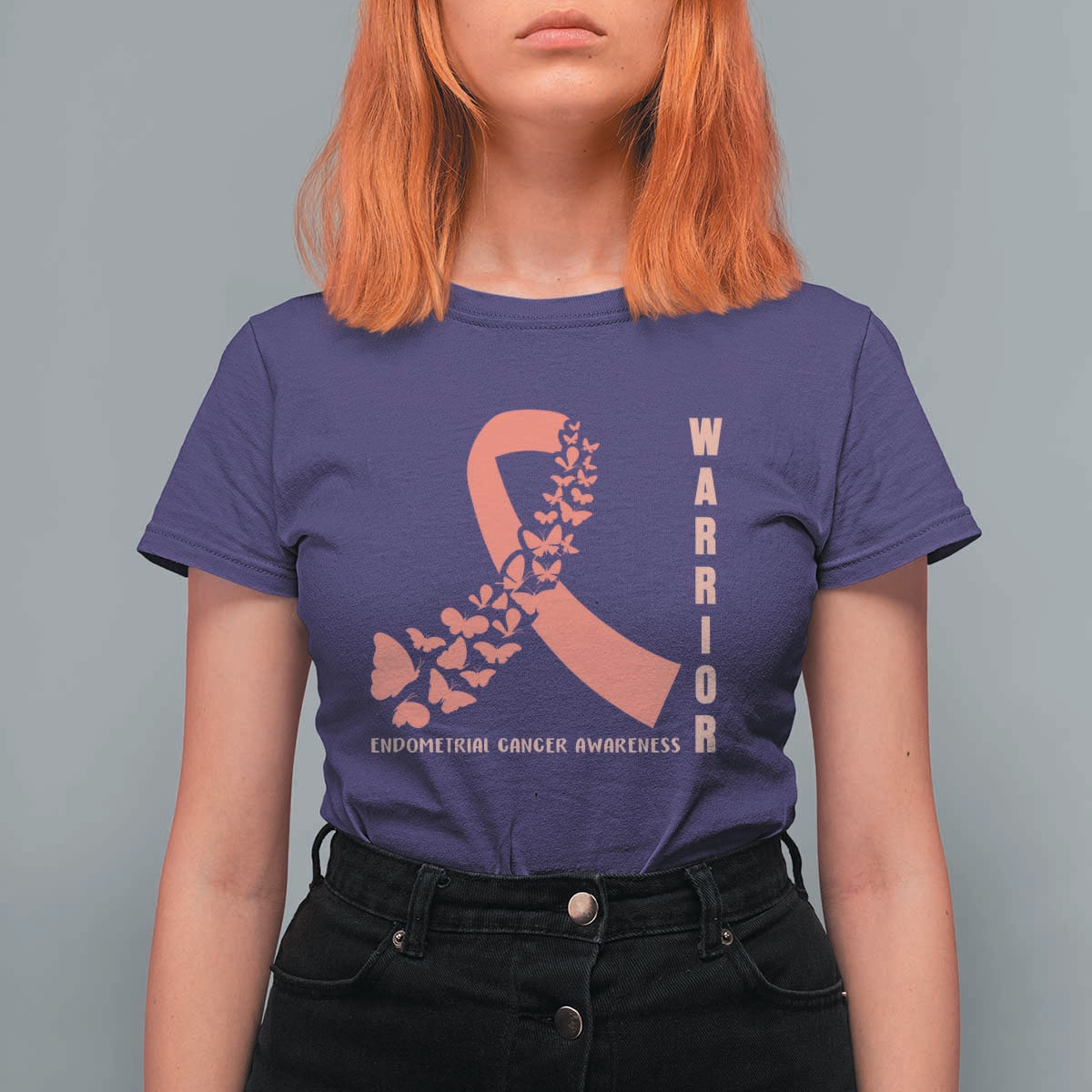 Endometrial Cancer Warrior Fighter Butterfly T Shirt For Women Peach Ribbon Hope