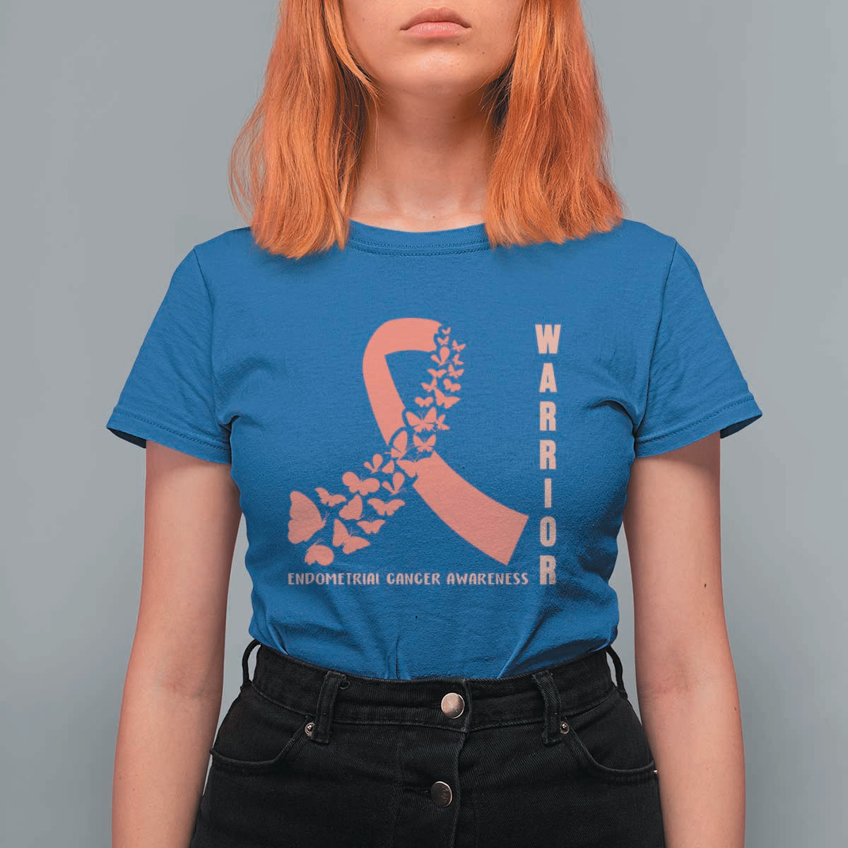Endometrial Cancer Warrior Fighter Butterfly T Shirt For Women Peach Ribbon Hope