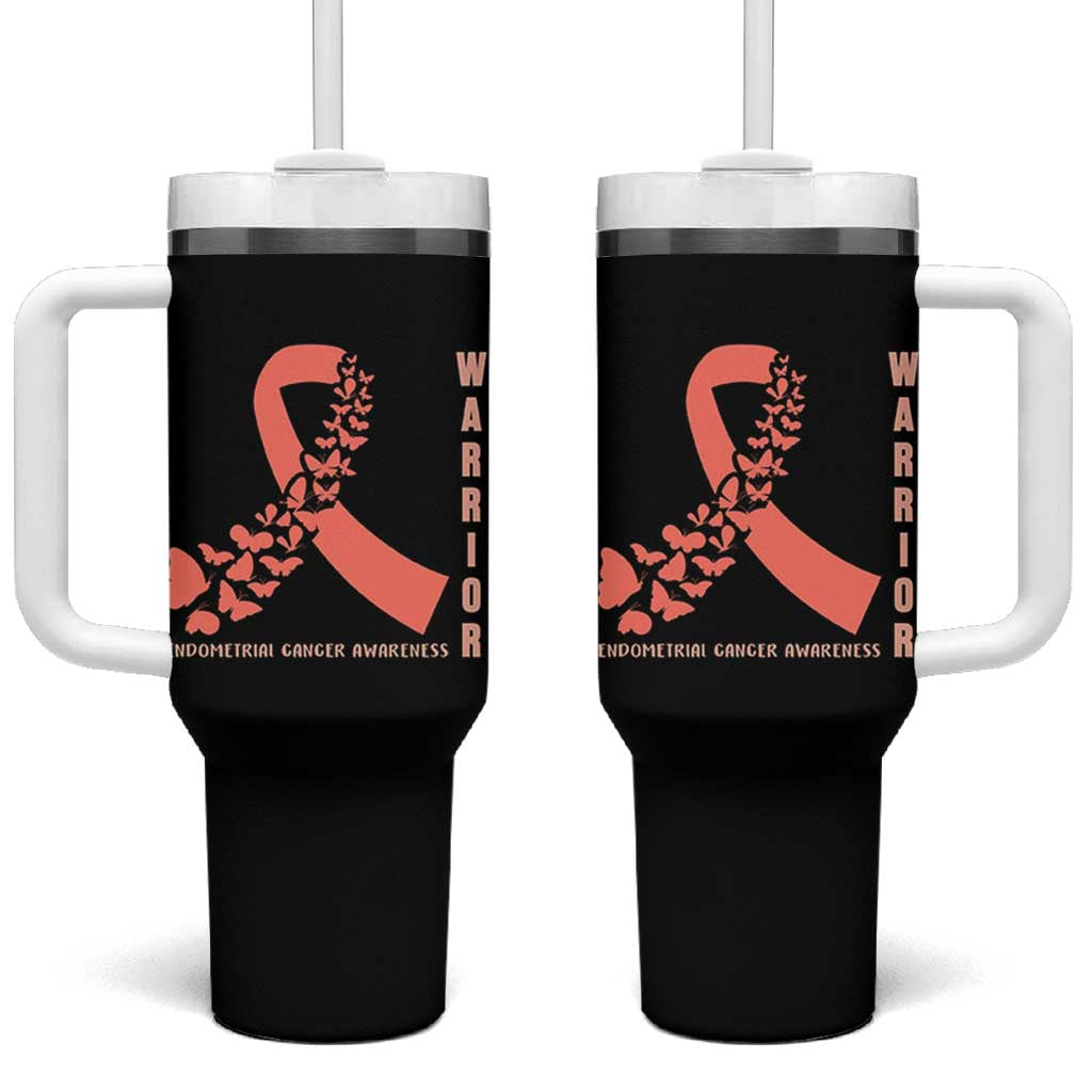 Endometrial Cancer Warrior Fighter Butterfly Tumbler With Handle Peach Ribbon Hope