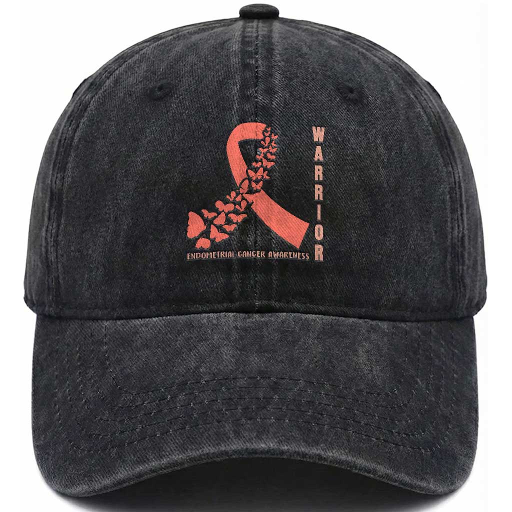 Endometrial Cancer Warrior Fighter Butterfly Washed Cotton Baseball Cap Peach Ribbon Hope