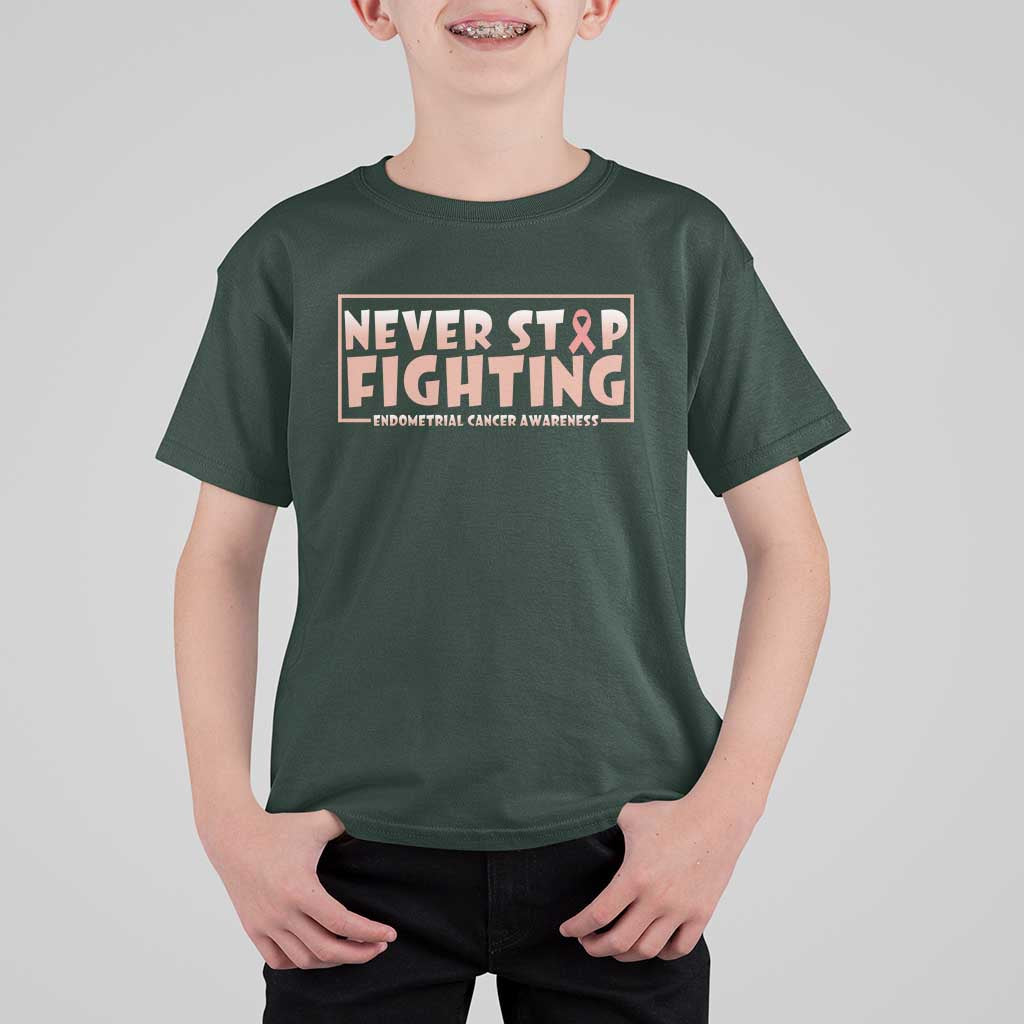 Endometrial Cancer Fighter T Shirt For Kid Never Stop Fighting Peach Ribbon