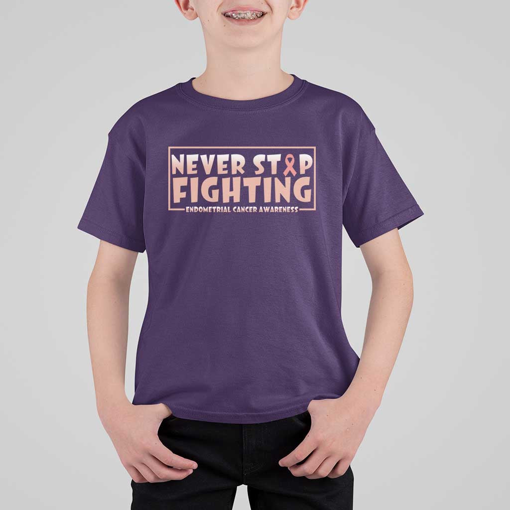 Endometrial Cancer Fighter T Shirt For Kid Never Stop Fighting Peach Ribbon