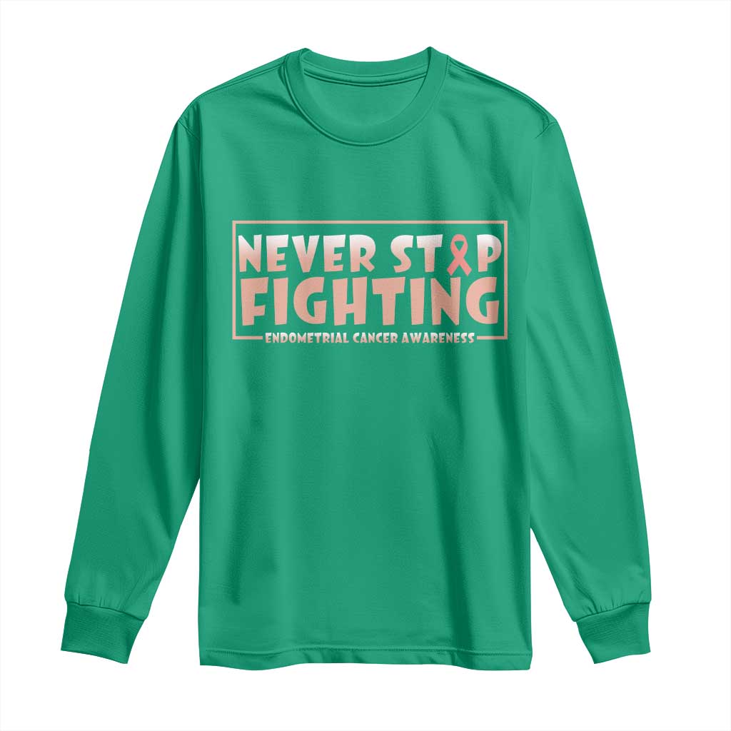 Endometrial Cancer Fighter Long Sleeve Shirt Never Stop Fighting Peach Ribbon