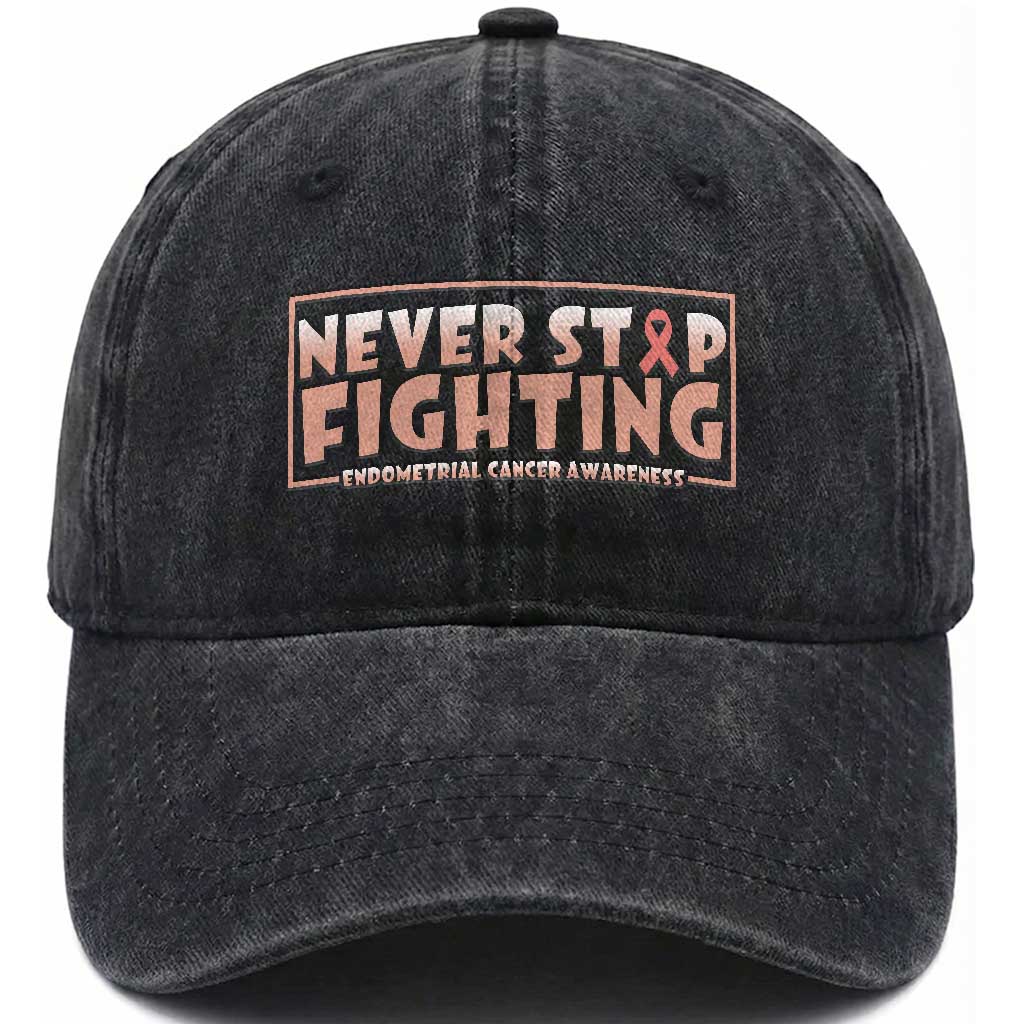 Endometrial Cancer Fighter Washed Cotton Baseball Cap Never Stop Fighting Peach Ribbon