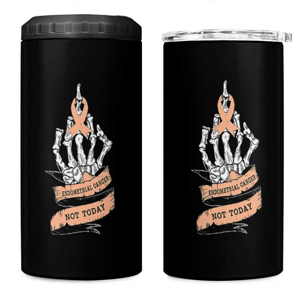 Funny Endometrial Cancer Skeleton Not Today 4 in 1 Can Cooler Tumbler Fighter Peach Ribbon