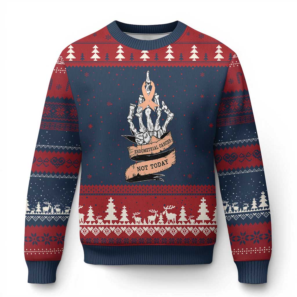 Funny Endometrial Cancer Skeleton Not Today Ugly Christmas Sweater Fighter Peach Ribbon