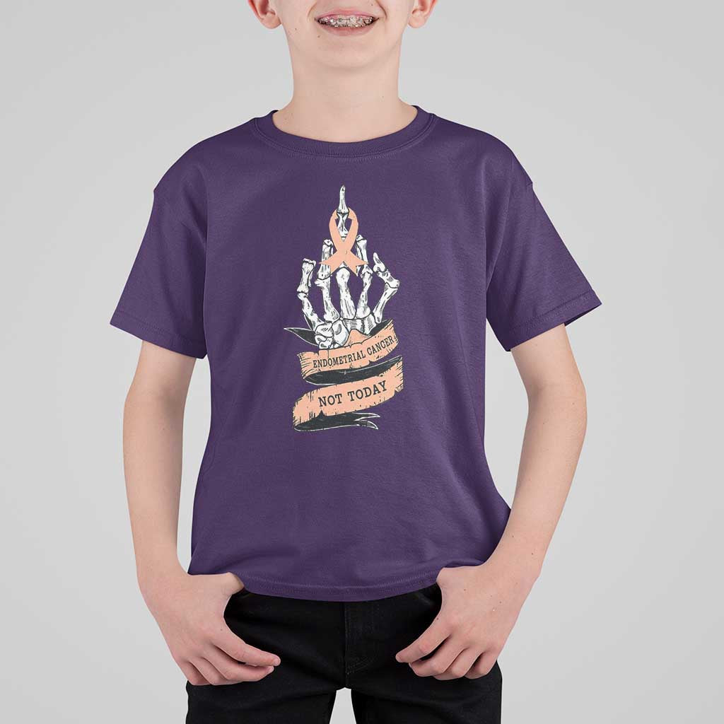 Funny Endometrial Cancer Skeleton Not Today T Shirt For Kid Fighter Peach Ribbon