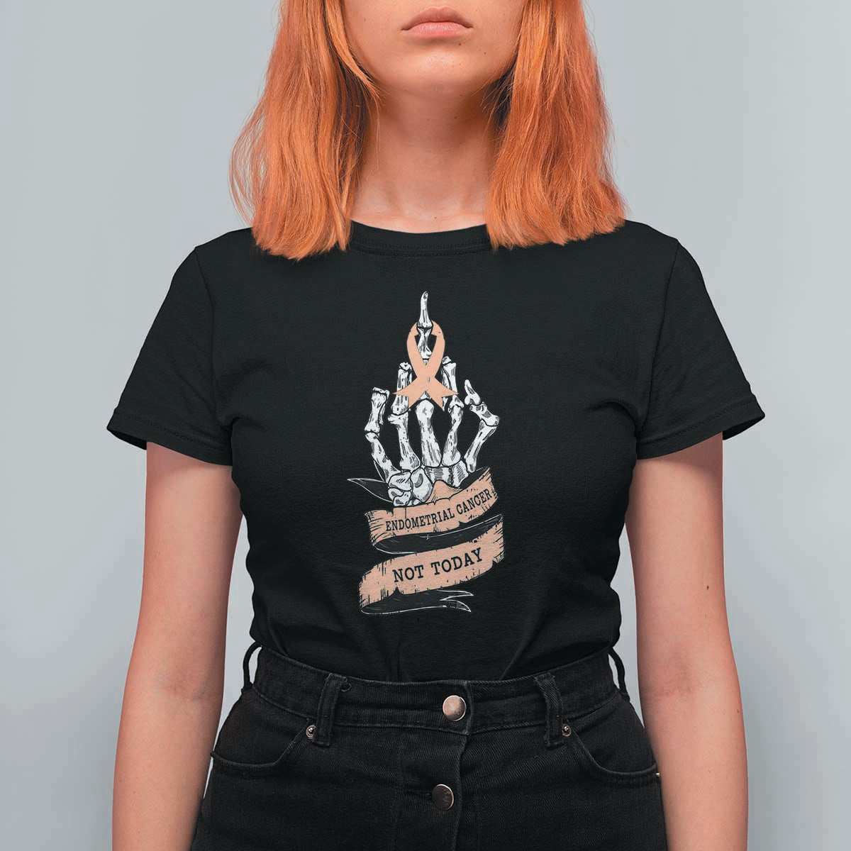 Funny Endometrial Cancer Skeleton Not Today T Shirt For Women Fighter Peach Ribbon