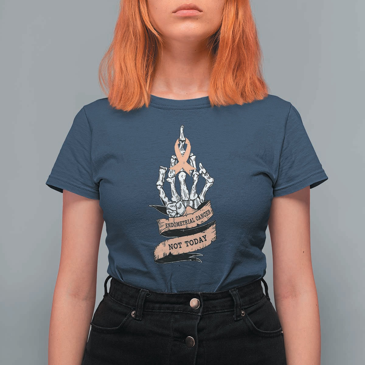Funny Endometrial Cancer Skeleton Not Today T Shirt For Women Fighter Peach Ribbon