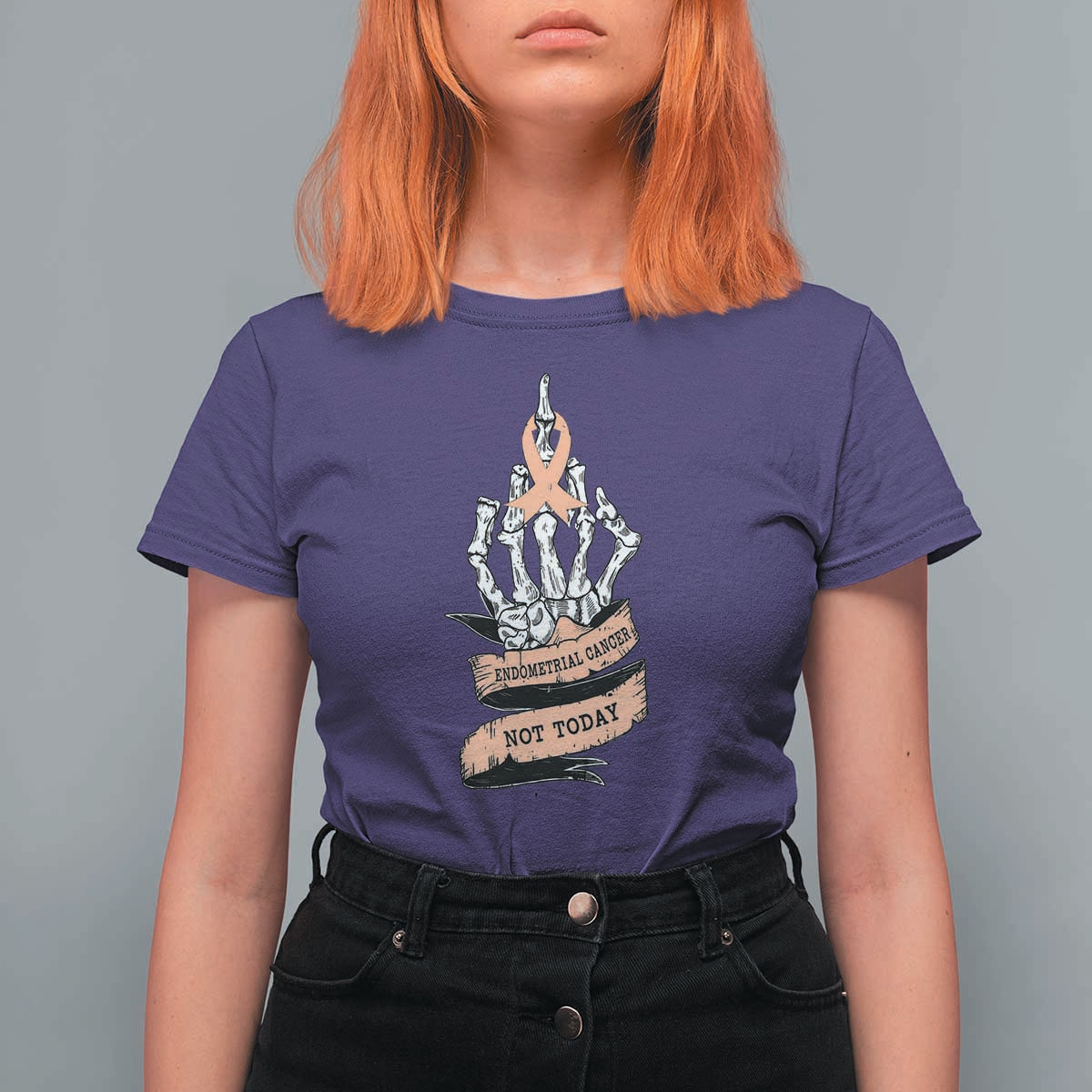Funny Endometrial Cancer Skeleton Not Today T Shirt For Women Fighter Peach Ribbon