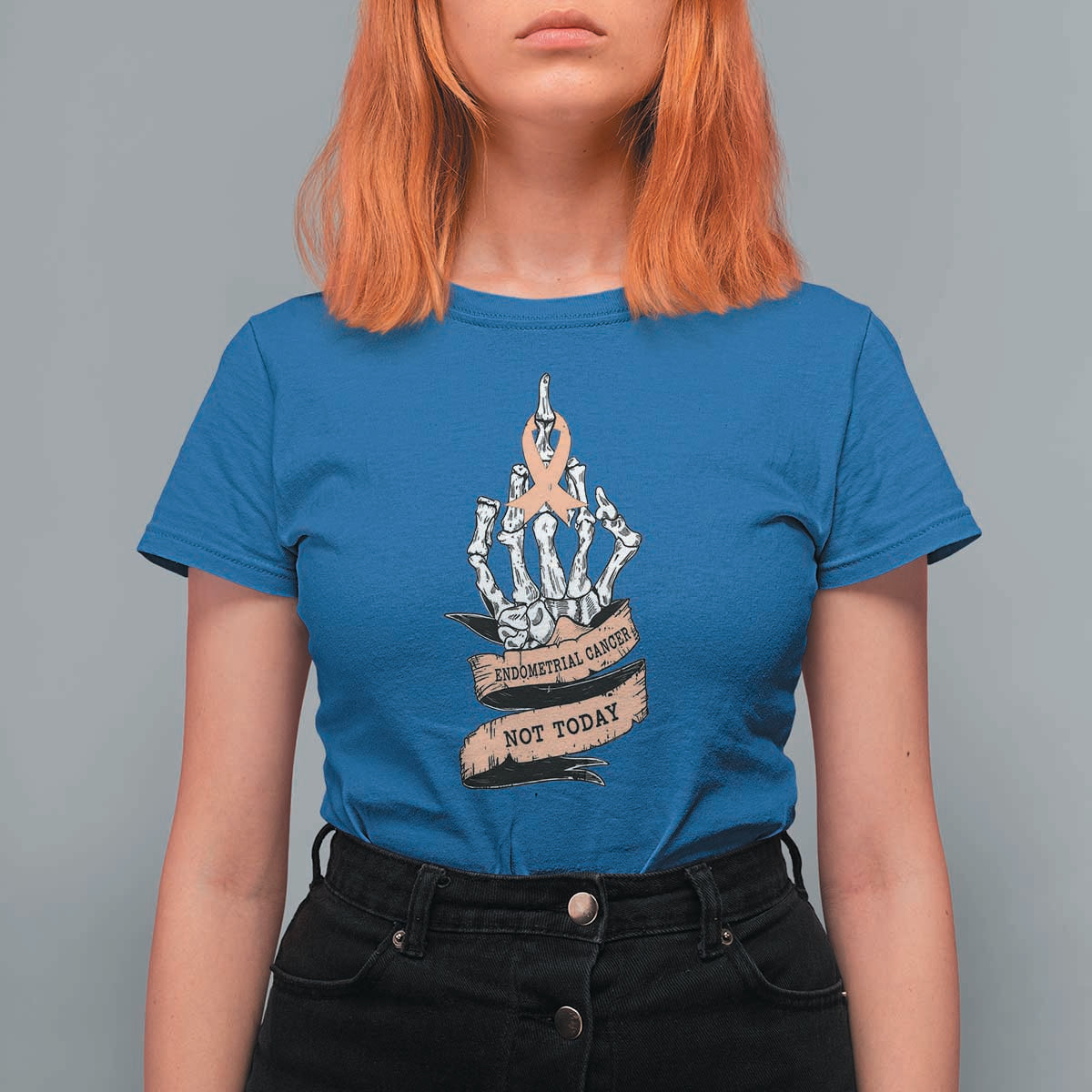 Funny Endometrial Cancer Skeleton Not Today T Shirt For Women Fighter Peach Ribbon